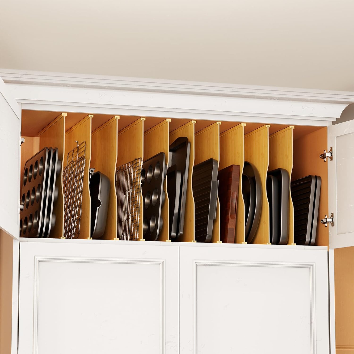 Kitchen Cabinet Baking Sheet Organizer - 10 Pack Bamboo Tray Dividers for